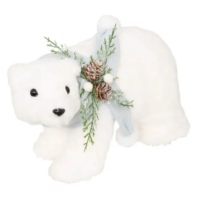 BEAR WITH BLUE SCARF, POLYSTYRENE, 33 CM LONG, WHITE